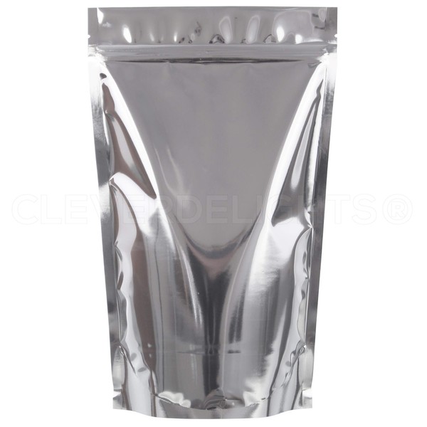 CleverDelights Silver Stand Up Pouches - 16oz - 100 Pack - 7" x 11.5" x 4" - Resealable Bag
