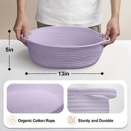 MEGASKET Purple Small Woven Basket, 13” x 9” x 5” Baskets for Gifts Empty, Cotton Rope Gift Basket, Cute Nursery Baby Organizer, Cat Dog Toy Box, Oval Wicker Storage Bin with Handle