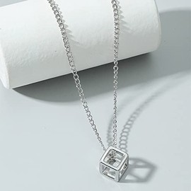 QIAMNI Hollow Three-Dimensional Cube Stainless Steel Pendant Necklace for Women Men Clavicle Chain Charm Personability Geometric Metal Jewelry