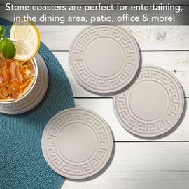 CounterArt White Embossed Round Absorbent Stone Coaster 4 Pack with Protective Cork Backing Manufactured in The USA