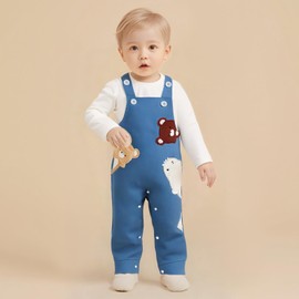 Newborn Baby Boy Girl Fall Outfits Long Sleeve Stripped Tops Waffle Suspender Bear Jumpsuit Baby Winter Clothes Set (White, 3-6 Months)