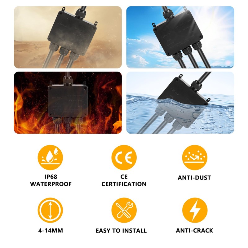 Junction Box Waterproof IP68, Outdoor Junction Box, Waterproof, 4-Way Junction