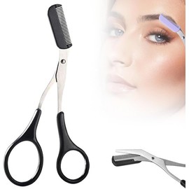 Tijeras para recortar cejas, nuevas tijeras para cejas 2 en 1 con peine, recortador de cejas curvo, recortador de cejas facial de acero inoxidable antideslizante (Negro)