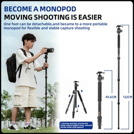 Fotopro 62.4" Aluminum Camera Tripod with Ball Head, Detachable Monopod with Quick Release Plate, Inverted Center Column, Max Load 10kg/22 lbs, X-Go Chameleon E 2