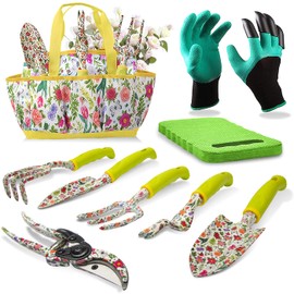 Garden Tool Set 9 Piece Heavy Duty Aluminum Gardening Hand Tools Kit Cute Gardening Supplies with Non-Slip Rubber Grip Gift for Women/Parent