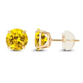 14K Yellow Gold Plated Sterling Silver 4mm Round Created Yellow Sapphire Birthstone Prong Set Stud Earrings For Women