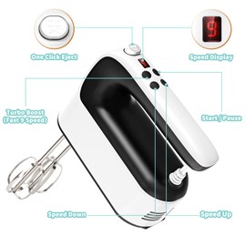 Yomelo 9-Speed Digital Hand Mixer Electric, 400W Powerful DC Motor, Baking Handheld with Snap-On Storage Case, 5 Stainless Steel Accessories, Flat Beaters, Dough Hooks, Whisk(White/Black)