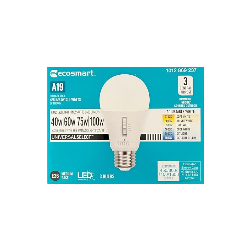 Selectable Brightness and Selectable Color A19 Dimmable LED Bulb (3-Pack)