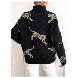 WDIRARA Women's High Neck Sweater Leopard Pattern Long Sleeve Fuzzy Knitted Pullover Top Black Animal Medium