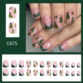 Christmas Press on Nails Short Dark Green Glitter Fake Nails Square French Tip False Nails with Christmas Tree Design Acrylic Nails Xmas Glue on Nails Glossy Artificial Nails Stick on Nails for Women