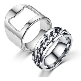 Fuqimanman2020 2pcs Stainless Steel Bottle Opener Rings Set Spinner Chain Thumb Creative Beer Bar Opening Tool Ring for Men Women Party Jewelry-Silver 11