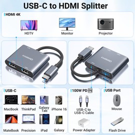 KiWiBiRD HDMI Adapter 2 Monitore Erweitern, 2 Monitore an Laptop Anschließen, USB C HDMI Splitter 2 Monitoren Gleichzeitig 4K PD 100W 2160p 1440p 1080p HDCP, Kompatibel mit TV Laptop PC Projektor