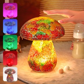 GOESWELL Mosaic Table Mushroom Lamp for Room: Rechargeable Cordless Bedside Lamp with Hand-Crafted Stained Glass for Any Space - Cute Nightstand Lamp with 5 Colors 2 Mood Lighting for Kids