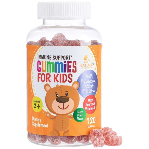 Kids Immune Support Gummies with Vitamin C, Echinacea and Zinc - Children's Support & Vitamin C Gummy, Tasty Natural Fruit Flavor, Vegan by Nature's Nutrition - 120 Gummy Bears