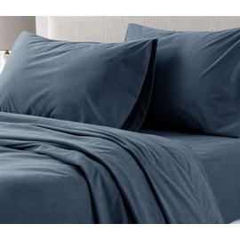 MARQUESS Microfiber Luxury Flannel Sheet Set -Deep Pocket -Super Soft Bedding Sets -Warm and Soft 4-Piece Bedding Collection(Denim Blue, Queen)