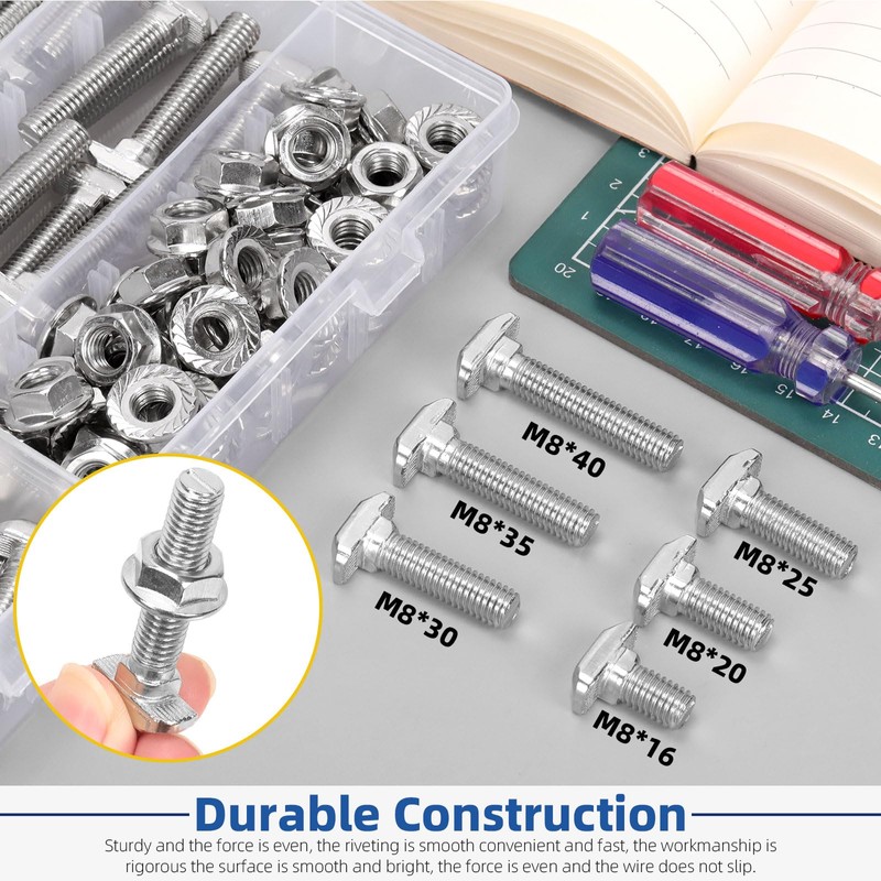 Glarks 120pcs M8 T Slot Drop-in Bolt with Hexagon Flange