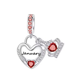 Sterling Silver 925 January Birthstone Charm Pendant for women Heart-shape Garnet Crystal Jewelry For European Style Bracelets and Necklaces