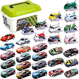 30 Pcs Pull Back Cars Airplanes Toys with Storage Box for Kids, Party Favors Treasure Box Toys for Classroom Prizes Mini Vehicles Race Cars Bulk Xmas Gifts, Stocking Stuffers for Boys Girls Toddlers