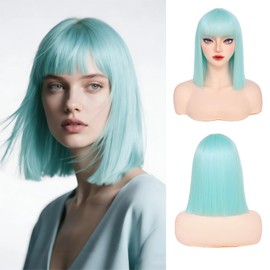 Mint Green Bob Wig with Bangs 13inShort Straight Green Wig for Women