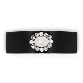 Caravan Rhinestone Decorated Hair Barrette, Made in France of Celluloid Acetate Jet Barrette Hand Decorated with Crystal Stones and Pearl