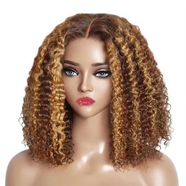 P4/27 Highlight 13x4 Transparent Lace Frontal Deep Wave Curly Bob Hair Wig Brazilian Hair  Transparent Lace Frontstyle: Deep Wave, color: 427, stretched length: 16 Inches, Lace Size: 13x4