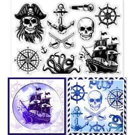 GLOBLELAND Pirate Navigation Clear Stamps Pirate Ships Captains Skeletons Silicone Clear Stamp Seals for DIY Scrapbooking Cards Making Photo Album Journal Home Decoration