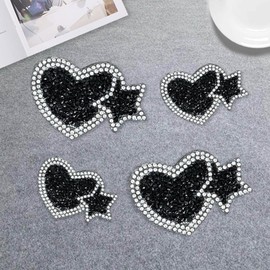 Yurosiay Rhinestone Heart Iron-On Patches, Pack of 6, Large Black Stars, Heart, Rhinestone Iron-On Transfers, DIY Rhinestone Iron-On Patches, Glitter Rhinestone Appliqué for Dress, 6.8 x 4.4 cm