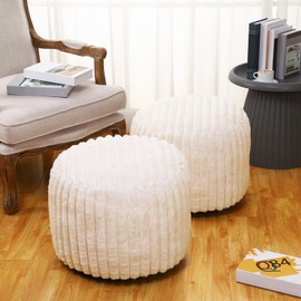 Teenyyou 2 Pcs 20 x 15 Inch Unstuffed Pouf Cover Ottoman Foot Rest - No Filler, Faux Rabbit Fur Foot Stool Floor Bean Bag Floor Chair Storage for Living Room Bedroom Home Decor(Beige)