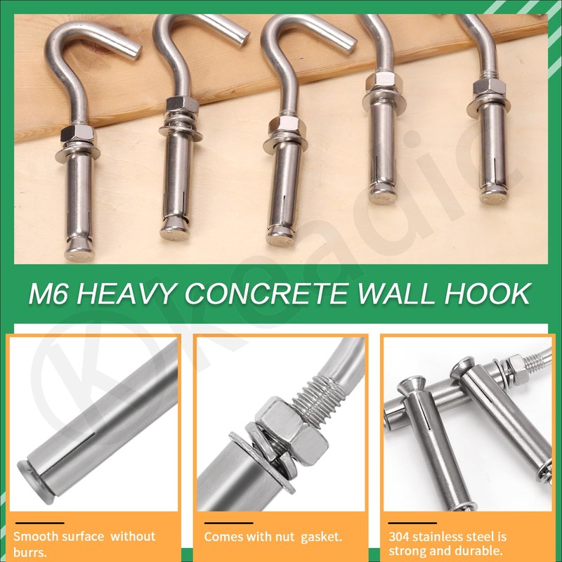 Keadic 6Pcs M10 Expansion Hook,304 Stainless Steel Concrete Wall Hook,