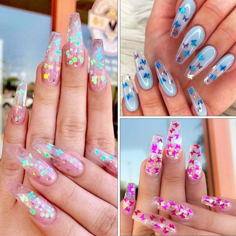Butterfly nails glitter sequins, 12 colours 3D holographic butterflies for