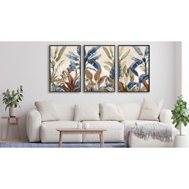 Large Framed Botanical Wall Art - Tropical Leaf Wall Decor 16"x24" Set of 3 Beige Boho Wall Art Prints Minimalist Palm Painting Rustic Plant Canvas Pictures for Living Room Bedroom Office Artwork