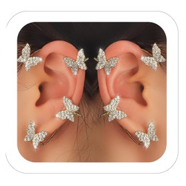 KAZIPA Butterfly Ear Cuffs Earrings for Women,Rhinestone Butterfly Ear Wrap No Piercing Ear Cuff Clip On Earrings for Renaissance Costume,Rave Outfits,Tea Party Dresses,Birthday Dress (Gold)