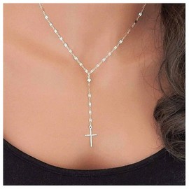 Yheakne Cross Pendant Necklace Silver Cross Y Necklace Choker Minimalist Lariat Necklace Religion Necklace Jewelry for Women (Silver)
