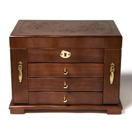 FEECOZ Wooden Jewelry Box for Women, Solid Wood Jewelry Organizer with Mirror and 3-Drawer, Ring,Necklacel,Vintage Style Storage Box with Lock (Dark Brown（Rose Pattern)