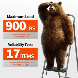 DIAMONDFORGE 3 Step Ladder, Folding Step Stool with Anti-Slip Wide Pedal, Soft Handle, Anti-Slip Feet, Sturdiest Steel Construction, 900lbs Capacity Steel Ladder for Home and Office, Grey