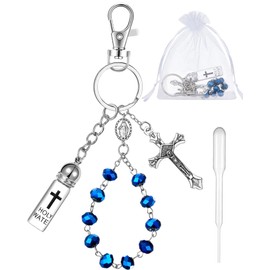 Blushtier Holy Water Bottle Keychain Gift with Rosary Bead Crucifix Eyedropper Organza Bag for Catholic Christian Party Favor(Blue,Crystal)