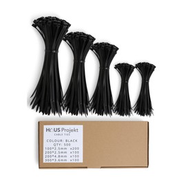 Haus Projekt Cable Ties 500 Pack Black, Assorted Size ​Zipties, 100/200mm x2.5, 200x4.8, 300x3.6, Cable Management Tidy, Heavy Duty Plastic Zip Tie Wraps, Garden Cable Ties, Small Long Wire Organiser
