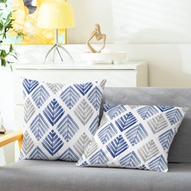 CaliTime Throw Pillow Cases Pack of 2 Cozy Fleece Two-Tone Geometric Tree Leaves Decorative Cushion Covers for Couch Bed Sofa Farmhouse Decoration 18 X 18 Inches Navy Blue Grey