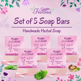 FIVONA Set of 5 Gentle Pink Yoni Herbal Soap Bars Ideal for Feminine Wash and Whole Body Cleanse Infused with Natural Ingredients - 5x 5.3 oz - Includes Exfoliating Scrubber Foaming Net