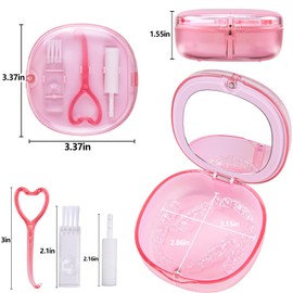 Pink Aligner and Retainer Case Double-layer Cute Slim Braces Night Mouth Guard Case with Remover Tool, Chew and Cleaning Brush, Built in Mirror Orthodontic Dental Retainer Container