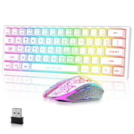 A.JAZZ Wireless Gaming Keyboard and Mouse Combo with 61 Key TKL Rainbow LED Backlight Rechargeable 4000mAh Battery Mechanical Feel Anti-ghosting Ergonomic Waterproof RGB Mute Mice for Win/Mac (White)