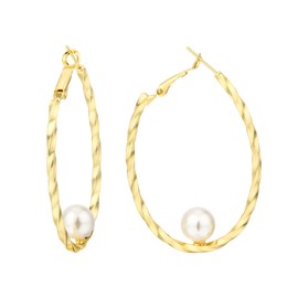 Aprilery Gold Hoop Earrings for Women, Trendy Pearl CZ Crystal Bead Cuff Chunky Gold Hoop Earrings Statement Hypoallergenic Costume Jewelry for Her (Gold Pearl)