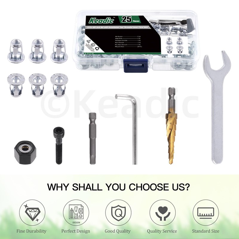 Keadic 25Pcs M6 Jack Nut with Installation Tool Set, Nutserts