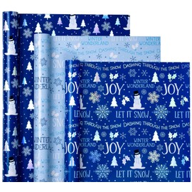 WRAPAHOLIC Christmas Wrapping Paper Roll - Mini Roll - 3 Rolls - 17 Inch X 120 Inch Per Roll - Blue and White Winter Wondland, Snowflake, Snowman Holiday Collection with Metallic Foil Shine