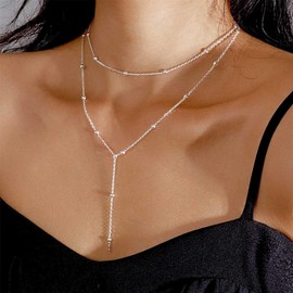 Xmsrn Vintage Layered Long Drop Y Necklace Boho Long Chain Choker Necklace Ball Chain Y Drop Necklace Silver Chain Y Lariat Necklace for Women