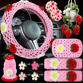 BBTO 11 Pcs Crochet Car Accessories Set, Cute Handmade Crochet Steering Wheel Cover Ceramic Cup Holder Daisy Car Hanging Ornament Air Conditioner Decoration for Women Ladies Car Decorations