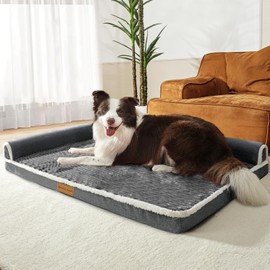 Patas Lague Orthopedic XL Dog Bed for Large Dogs 42''X28'', Waterproof Comfortable L Shaped Big Large Non-Slip Soft Warm Pet Sofa Sleep Bed mat with Removable Washable Cover, Grey