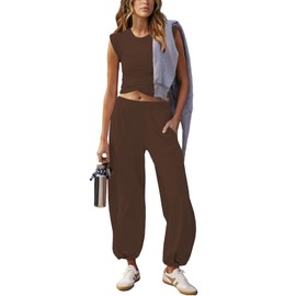 Outfeel Women 2 Piece Outfit Set Loungewear Cropped Tops and Jogger Sweatpant Matching Set Coordinated Sweatsuit with Pockets Coffee Small