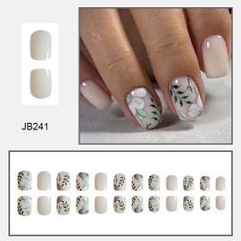 RTKHFZE Press on Nails Medium Square Fake Nails with Flower Leaf Designs White Acrylic Nails Green Full Cover Glue on Nails Glossy Artificial Nails Summer Stick on Nails for Women 24Pcs