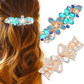 CASDRE Sparkly Crystal Hair Barrettes Gold Rhinestone Vintage French Hair Clips Glitter Flower Bow Hair Accessories for Women (Pack of 2) (Blue and White, One Size)